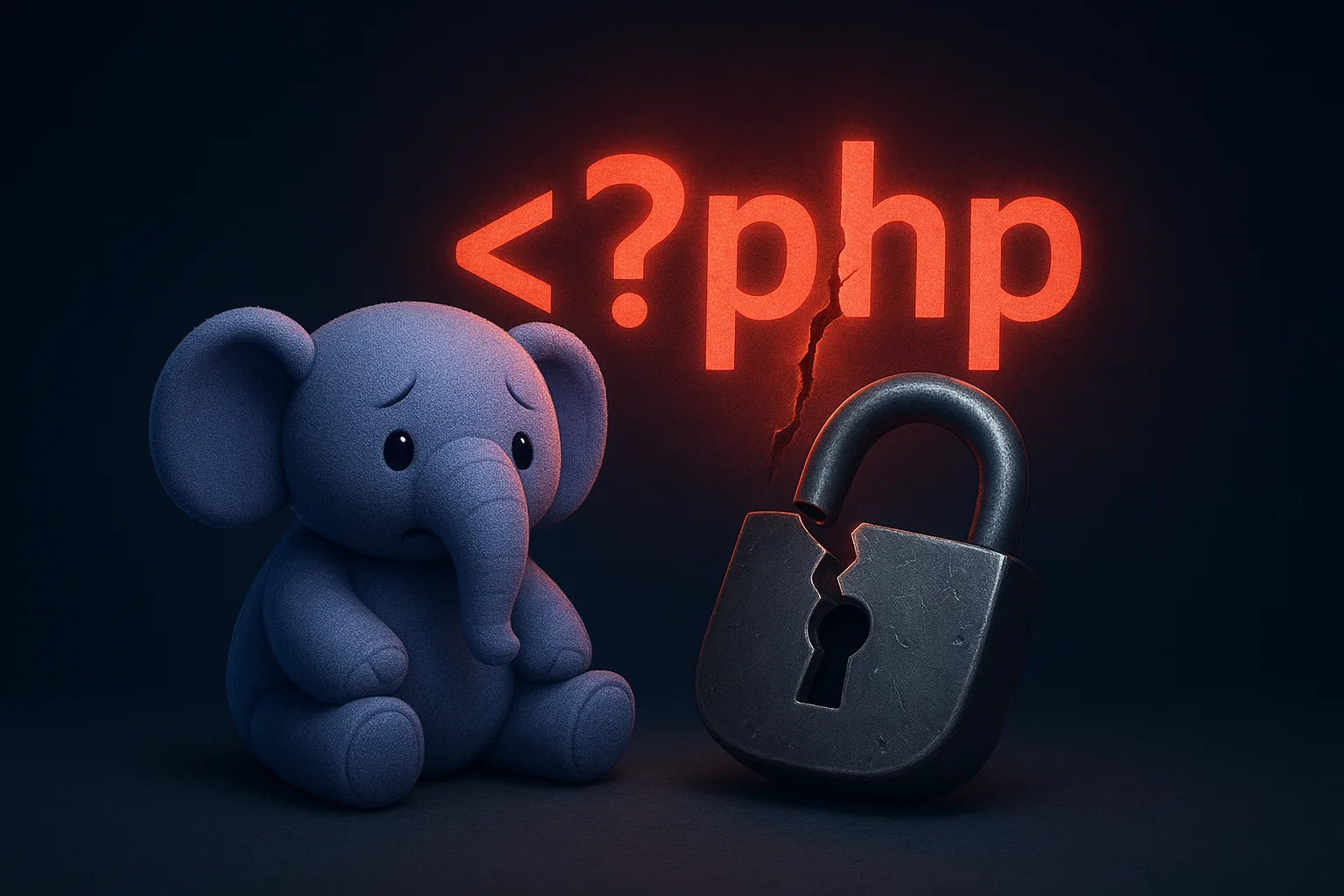 Éléphant bleu de PHP inquiet à côté d’un cadenas brisé, sous une balise <?php fissurée