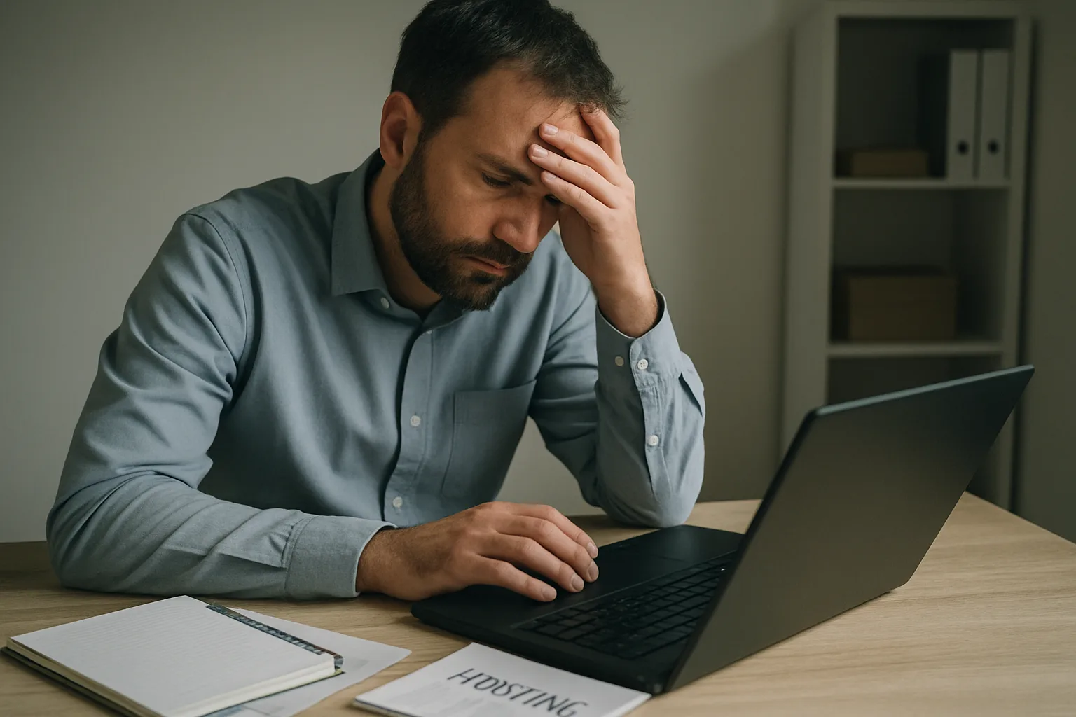 Responsable e-commerce diagnosticando una caída de tienda PrestaShop en la oficina
