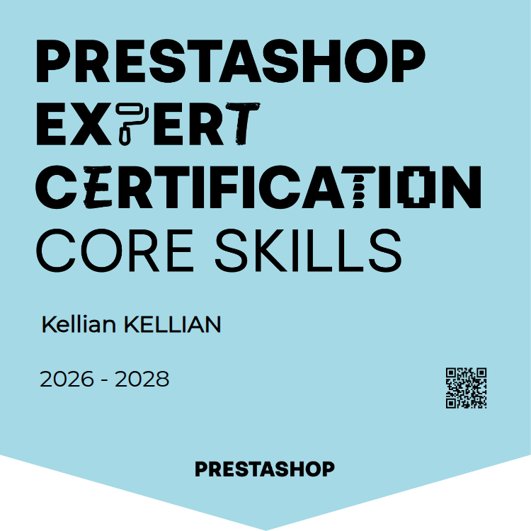 Officiële PrestaShop Expert-certificering — CORE SKILLS, uitgereikt aan Kellian Jonville (2026-2028)