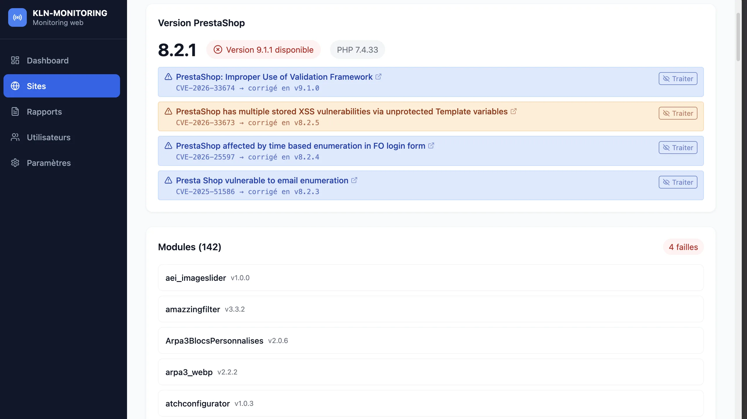 Détection automatique des failles d'extensions et de thèmes WordPress avec référence CVE et version corrigée
