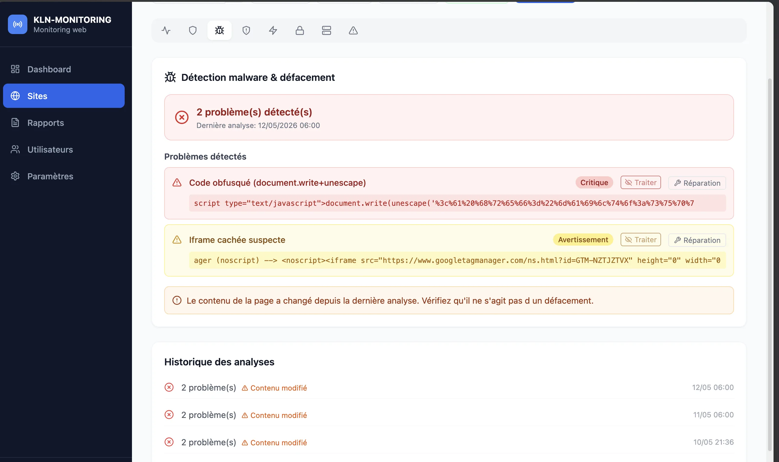 Détection de code malveillant sur WordPress : fichiers PHP injectés, code obfusqué et redirections cachées détectés automatiquement